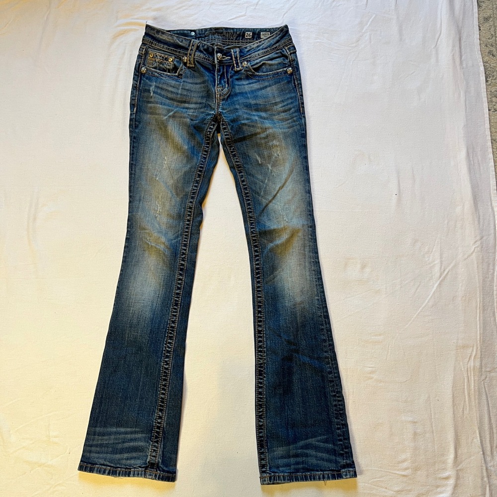 Miss Me Distressed Bootcut Jeans Women Size 26 Fleur de‎ lis